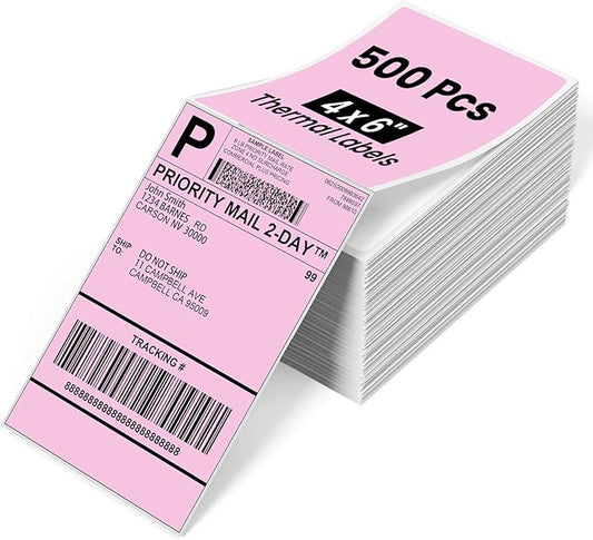 Phomemo 4x6 Thermal Label Printer Paper - 500 PCS Pink 4"x6" Fan-Fold Shipping Supplies Labels - Water/Oilproof Label Stickers - Permanent Adhesive Thermal 4x6 Labels for Small Business Supplies-DeskLoop Office