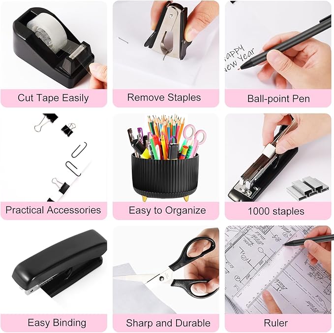 Black Desk Organizers and Accessories 10Pcs Set with 360-Degree Rotating Pen Holder, Tape Dispenser, Stapler, Staple Remover, 1000 Staples, Tape, Clips Set, Ruler, Scissor, Pen (Black)-DeskLoop Office