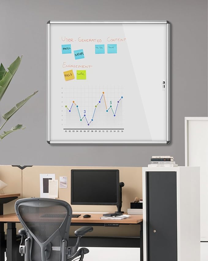 38"x38" Enclosed Bulletin Board, Lockable Weather-Resistant Aluminum Noticeboard for School & Office, Silver Frame w/Magentic Whiteboard-DeskLoop Office