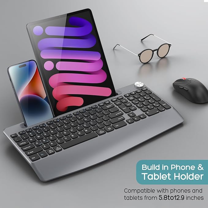 Ergonomic Wireless Keyboard and Mouse with Wrist Rest,Phone Holder - 2.4GHz Full-Sized Low-Profile Quiet Wireless Mouse and Keyboard Combo for Computer, Laptop, PC, Mac-Grey