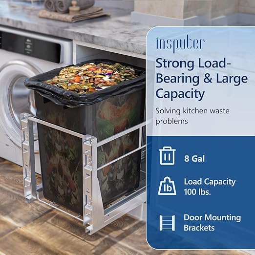 Insputer 8 Gal Pull Out Trash Can Under Cabinet, Heavy Duty Under Sink Garbage Can Kit with Soft-Close Slides for Kitchen, Laundry, Requires Minimum Cabinets Opening 12" W X 18" D-DeskLoop Office