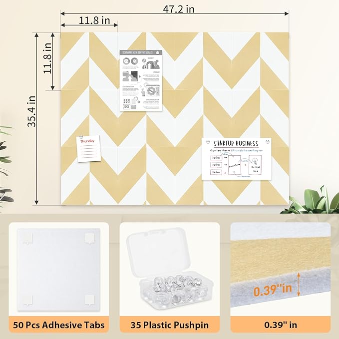Smarpau Felt Cork Board 48"x36", 12 Pack Large Bulletin Board with 50 Removable Adhesive Tabs 35 Pushpins, Pin Board Tack Board, Cork Bulletin Boards for Home Office Decor-DeskLoop Office