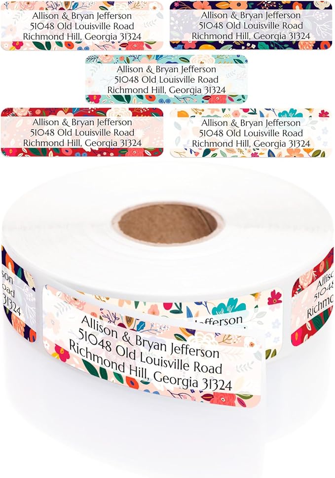Multicolored Floral Print Rolled Address Labels / 500 Personalized Return Address Labels/Designer Address Stickers in Elegant Plastic Dispenser-DeskLoop Office