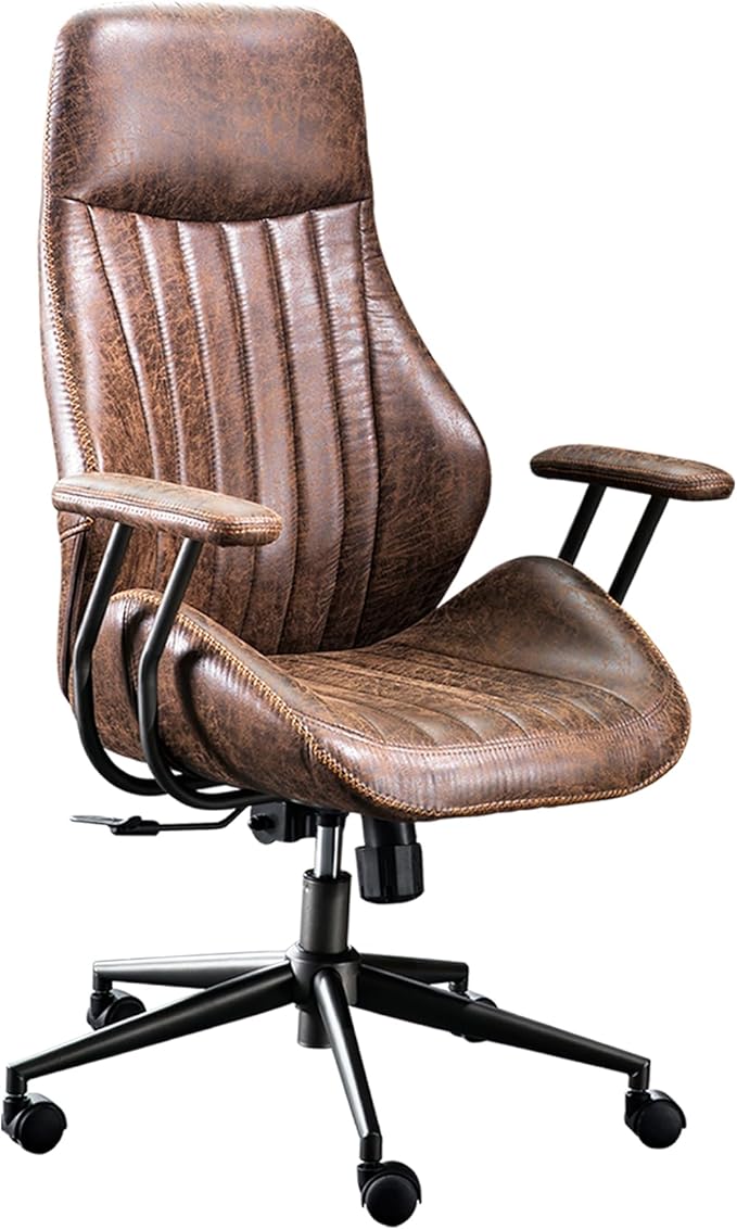 ovios Ergonomic Home Office Chair, Mid-Century Modern Faux Leather Chairs with Padded Armrests, Comfy High Back Swivel Rolling Executive Computer Armchair (Dark Brown, Suede Leather)-DeskLoop Office