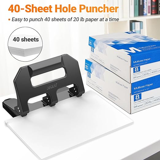 3 Hole Punch Heavy Duty, AFMAT 3 Hole Puncher for Binder, 10000+ Punching Times, 40-Sheet Three Hole Punch, Metal Hole Puncher 3 Ring, 50% Reduced Effort, Bulit-in S.S. Paper Guide, Gray-DeskLoop Office