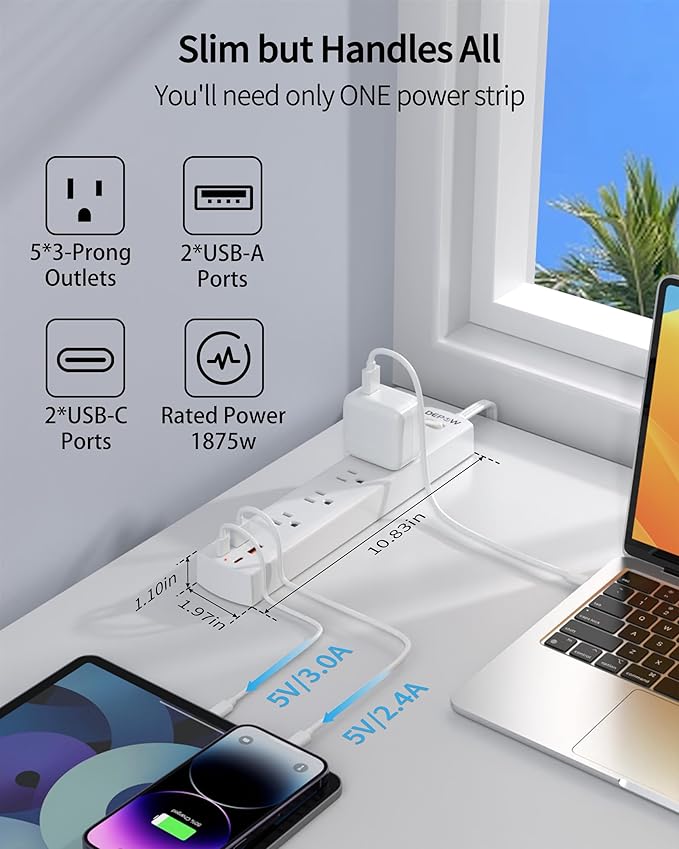 Power Strip Surge Protector with 5 AC Outlets(1875W/15A) 4 USB Ports (2 USB C), 5 Ft Ultra Thin Extension Cord, Low Profile Flat Plug, 1700 Joules, Wall Mount for Home Office, White-DeskLoop Office
