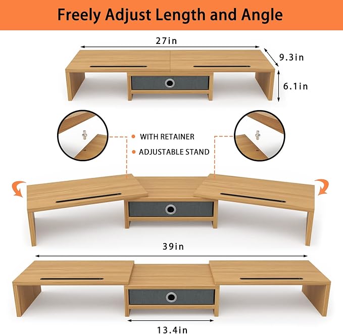 WESTREE Dual Monitor Stand Riser with Drawer - Adjustable Length and Angle, 2 Phone Hold, Desktop Organizer for Computer/Laptop/PC/Printer-DeskLoop Office