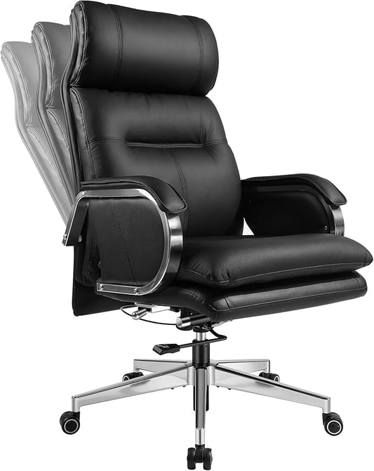 Genuine Leather Modern Executive Chair High-Back Support 90 to 150 Degrees Tilt and Upholstered Home Desk Chair with Base 360LB Capacity Swivel Computer Office Chair (Black)-DeskLoop Office