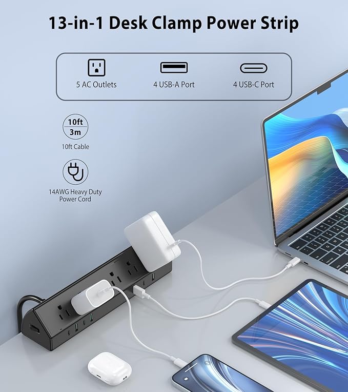 45W Fast Charging Station,Desk Clamp Power Strip,4 PD USB-C Ports,5 AC Outlets,Surge Protector Power Strip, 14AWG Heavy Duty Cord, Fits 1.9" Tabletop Edge (Black, 10 FT Cable)-DeskLoop Office