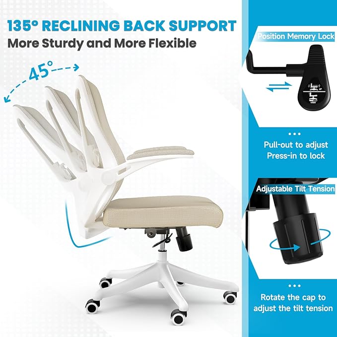 Mesh Office Computer Desk Managerial Executive Chair, Ergonomic High Back Comfy Swivel Gaming Home Chairs with Wheels, Comfortable Lumbar Support, Comfy Arms for Study,Home,Bedroom(Khaki)-DeskLoop Office