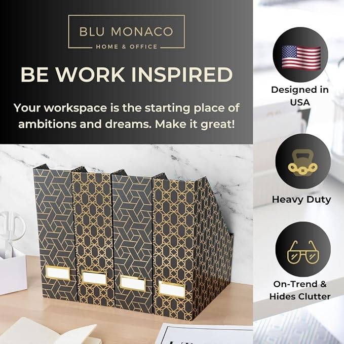 BLU MONACO Set of 4 Stylish Black & Gold Geometric Magazine File Holders with Gold Label Holders – Desk or Bookshelf Storage for Home, Office, Classroom Organization and Décor-DeskLoop Office