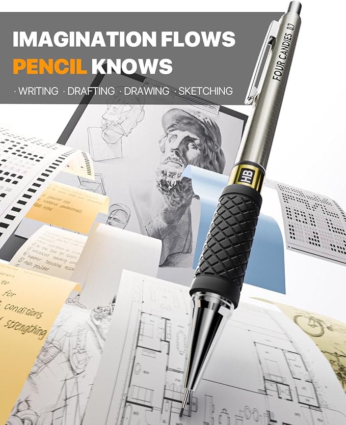 Four Candies Metal Mechanical Pencil Set - 3PCS 0.9mm Art Mechanical Pencils & 360PCS HB Lead Refills & 3PCS Erasers & 9PCS Eraser Refills, Drawing Mechanical Pencils for Writing, Sketching/With Case-DeskLoop Office