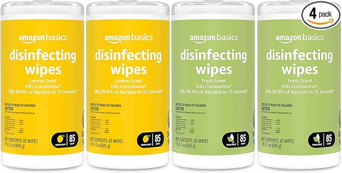 Amazon Basics Wipes, Lemon & Fresh Scent, Sanitizes/Cleans/Deodorizes, 340 Count (4 Packs of 85)-DeskLoop Office