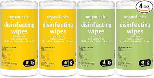 Amazon Basics Wipes, Lemon & Fresh Scent, Sanitizes/Cleans/Deodorizes, 340 Count (4 Packs of 85)-DeskLoop Office