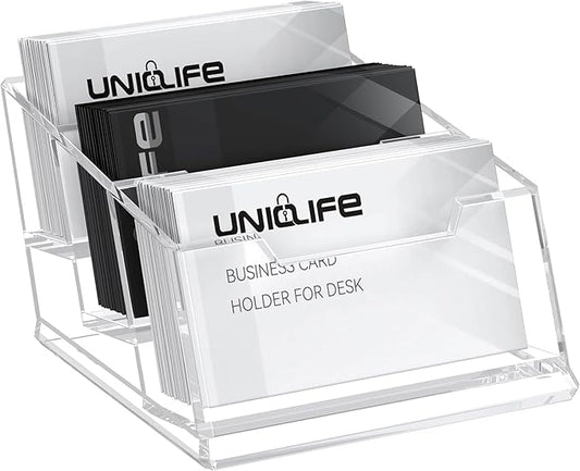 Uniclife Acrylic Business Card Holder for Desk 3 Slots Clear Business Card Display Stand for Men & Women Desktop Business Card Organizer Card Stand for Office Home Exhibition, 180 Card Capacity-DeskLoop Office