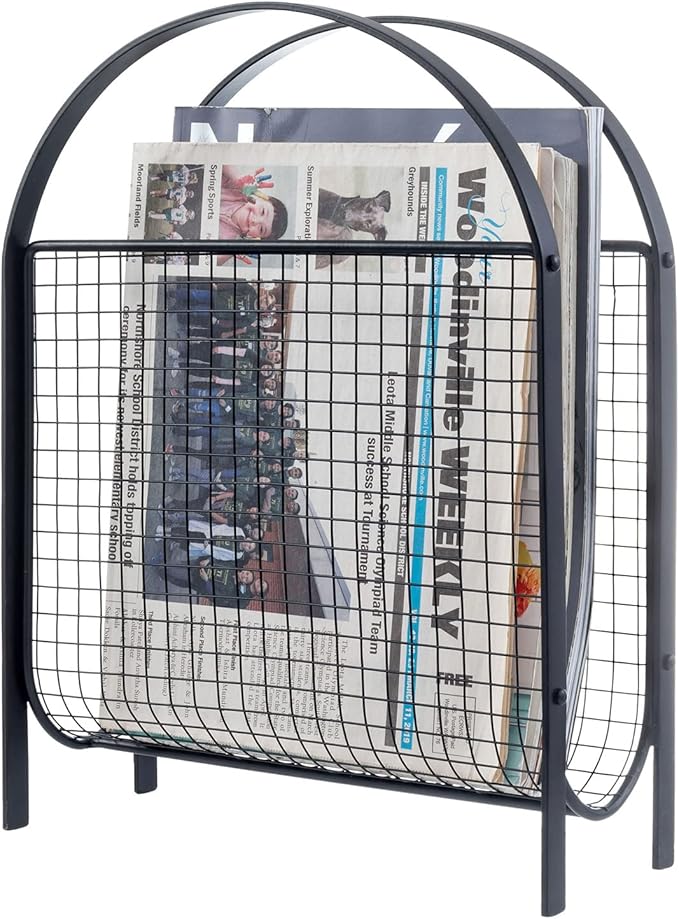 MyGift Mid-Century Design Magazine Rack, Matte Black Tone Metal Mesh Freestanding Magazine Organizer Holder Sling-DeskLoop Office