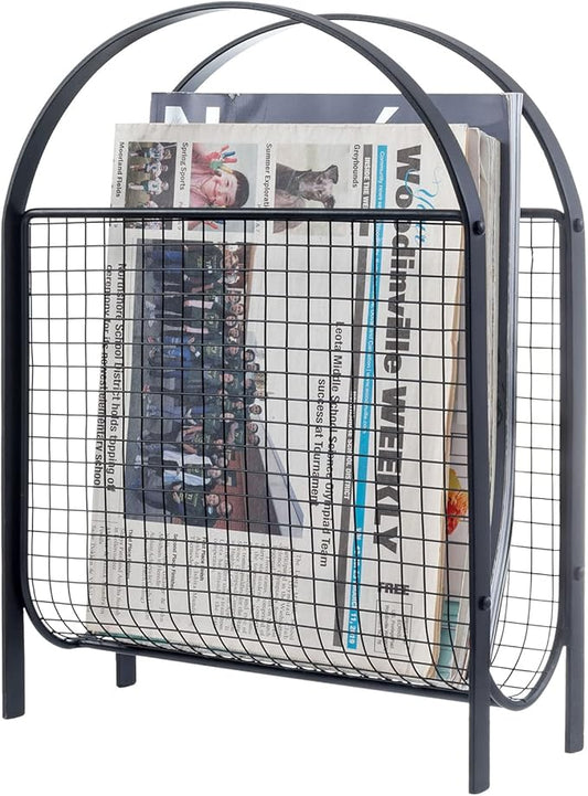 MyGift Mid-Century Design Magazine Rack, Matte Black Tone Metal Mesh Freestanding Magazine Organizer Holder Sling-DeskLoop Office