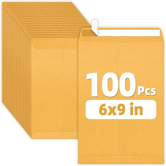 SUNEE 6x9 Envelopes Self-Seal Catalog Mailing Envelopes -100 Count, Ultra Strong Quick-Seal, 6x9 inch Brown Kraft Manila Envelopes Security Envelopes-DeskLoop Office