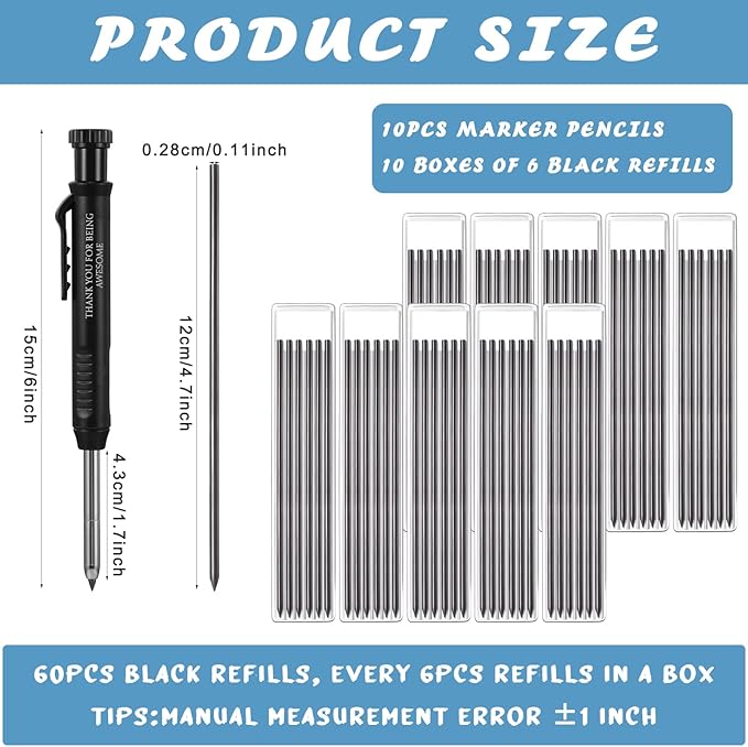 Colarr 10 Pcs Mechanical Carpenter Pencil with 60 Refill Deep Hole Mechanical Pencil Marker with Sharpener Black Solid for Carpentry Architect Birthday Thanksgiving Gift-DeskLoop Office