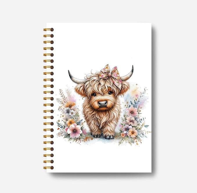 Floral Highland Cow Notebook - Western Notebook, Cow Notebook, Highland Cow Office Supplies, Highland Cow Gifts, Cute Highland Cow Stuff, Farmhouse Highland Cows Spiral Notebook 5.5x8.3-DeskLoop Office