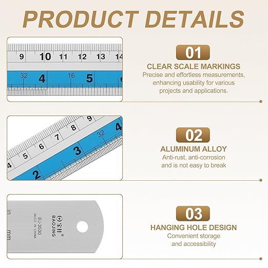 HARFINGTON 6pcs Metal Straight Ruler 15cm Metric SAE Aluminum Alloy Measuring Rulers Scale Tools with Hole for Measure Study Reading Classroom Office, Blue-DeskLoop Office