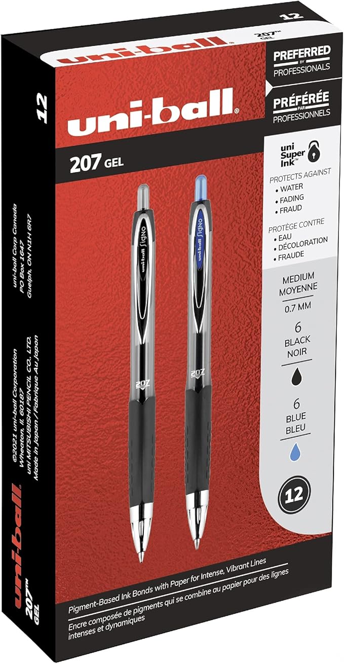 Uniball Signo 207, Retractable Gel Pens, 0.7mm Medium Point, 12 Pack; 6 Black & 6 Blue-DeskLoop Office