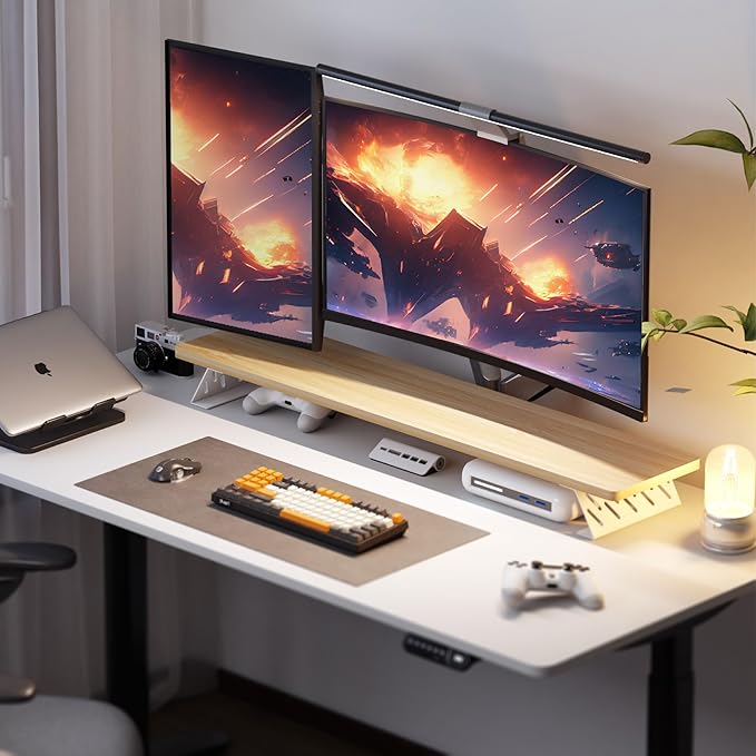 Fenge Dual Monitor Stand Riser, 42.5 Inch Desk Top Shelf for 2 Monitors, Computer Stands for Desk, Wood & Steel Desktop Riser for Laptop, PC, Printer-DeskLoop Office