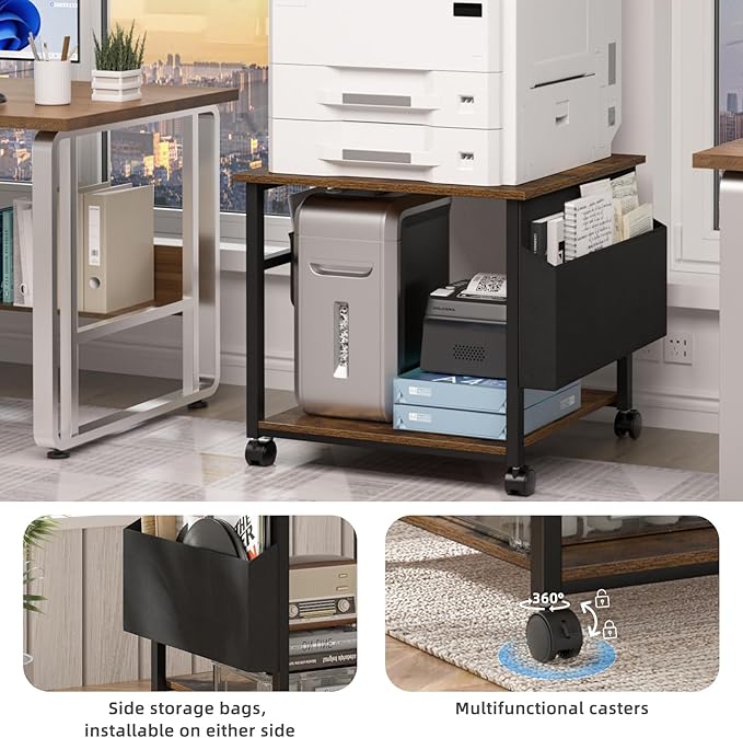 Lerliuo Large Printer Stand with Storage Shelf, 23.6 x 23.6 x 22.8 Industrial Printer Table for Home Office, Rolling Printer Cart Holder with Lockable Wheels, Mobile Mini Fridge Stand Table (Brown)-DeskLoop Office