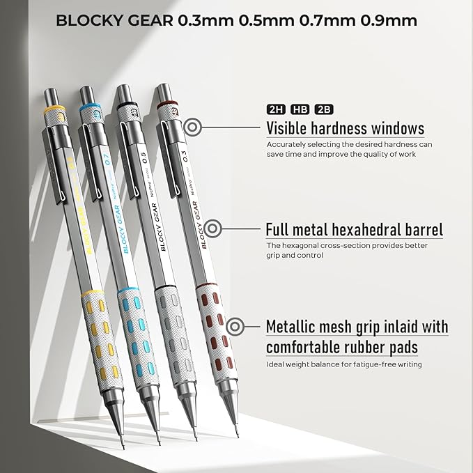 Nicpro 4 Pack Blocky Gear 0.3, 0.5, 0.7, 0.9 mm Metal Mechanical Pencils Set with Case, Lead Drafting Pencil with 8 Tube Lead Refills(HB 2B), Erasers, Eraser Refills for Art Writing Sketching Drawing-DeskLoop Office