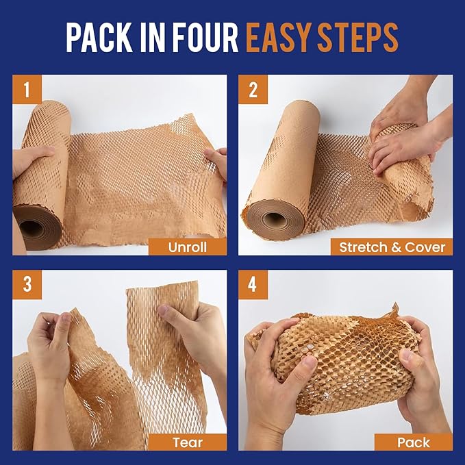 Honeycomb Packing Paper 12" x 150ft with Rope & 20 Fragile Stickers|Shipping & Moving Supplies|Small Business Packaging Supplies|Eco Friendly Bubble Wrap Packing Boxes for Moving Certified FSC C204227-DeskLoop Office