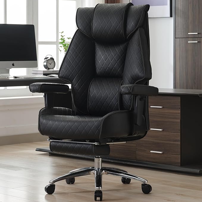 Big and Tall Office Chair with Footrest, PU Leather High Back Executive Office Chair 400lbs, Ergonomic Computer Chairs Lumbar Support for Heavy People (All Black)-DeskLoop Office