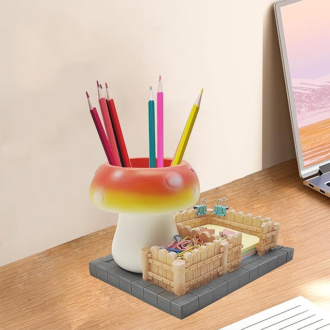 Mushroom Desk Organizers,3 Compartments Resin Office Desk Accessories with Pen Holder Sticky Note Holder,Pencil Holder and Paperclips Cup School Office Mushroom Decor-DeskLoop Office