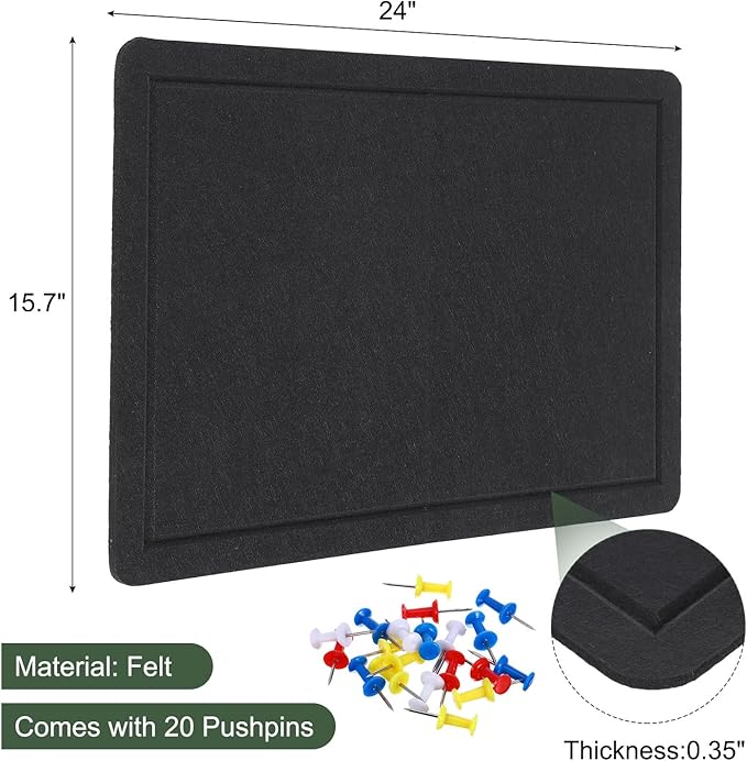 YOKIVE Felt Bulletin Board, 24 x 15.7 -Inch Foldable Decorative Pin Board Self Adhesive Felt Cork Board with 20 Pushpins, Great for Wall, Photo Display, Paste Note, Schedule(Black)-DeskLoop Office
