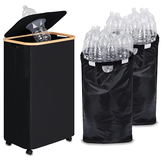 Recycling Bin for Kitchen, Indoor Home Recycle Bins with Wheel, 29 Gallons Large Recycling bin with 2 Removeable Reusable Inner Bags, for Bottles Cans Glass Plastice Cartons(Black)-DeskLoop Office