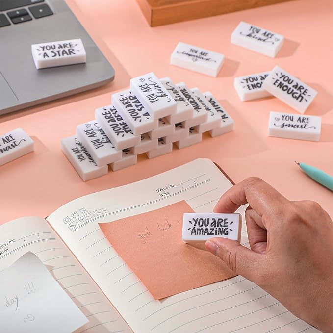 PerKoop 50 Pcs Back to School Inspirational Small Pencil Erasers Bulk for Kids, White Cute Fun Motivational Erasers Gifts for Teachers Students Classroom Reward First Day of School Supplies-DeskLoop Office