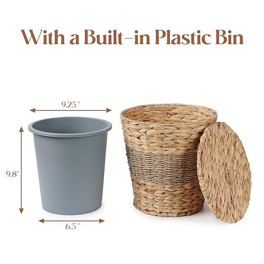 YANGQIHOME Wicker Trash Can with Lid - Water Hyacinth & Seagrass Garbage Can - Handwoven Wicker Waste Basket for Bathroom, Bedroom, Office, Living Room, Laundry Room - 3.8 Gallon-DeskLoop Office