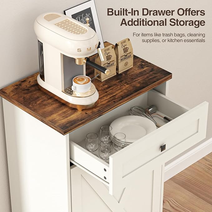 Tilt Out Trash Can, Farmhouse Kitchen Trash Cabinet w/Negative Ion, Dog Proof 10 Gallon Garbage Can for Kitchen, Bathroom, Living Room, White-DeskLoop Office