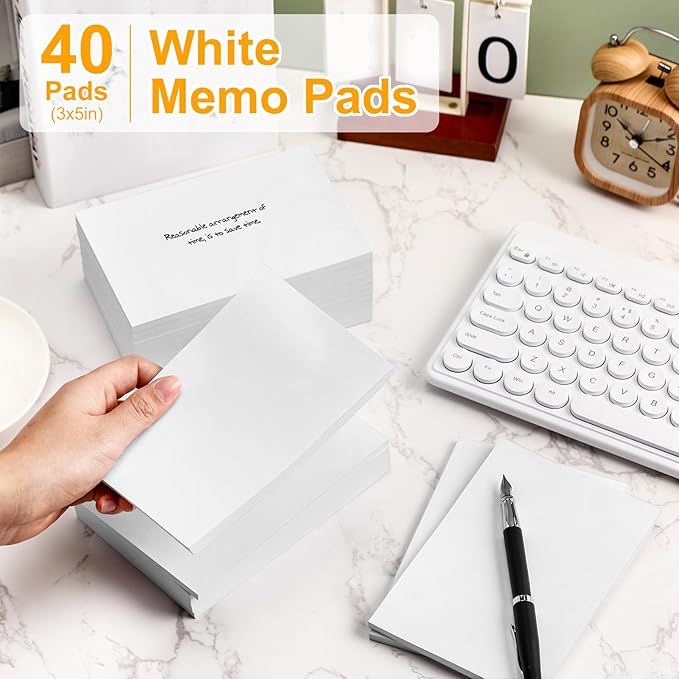 Fainne 3 x 5 Inch Paper Note Pads White Memo Pad Blank Writing Memo Scratch Paper for Waitress Waiter Book to Do Grocery List Small Notebook Restaurant Checkbook, White(40 Pack)-DeskLoop Office