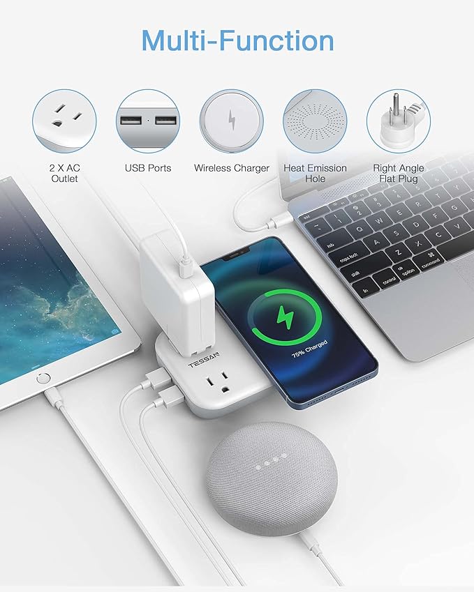 Wireless Charger Small Power Strip 2 USB A Ports, TESSAN Mini Flat Plug Nightstand Desktop Charging Station with 2 Outlet 4 ft Extension Cord, Compatible with iPhone and Samsung for Dorm Room Cruise