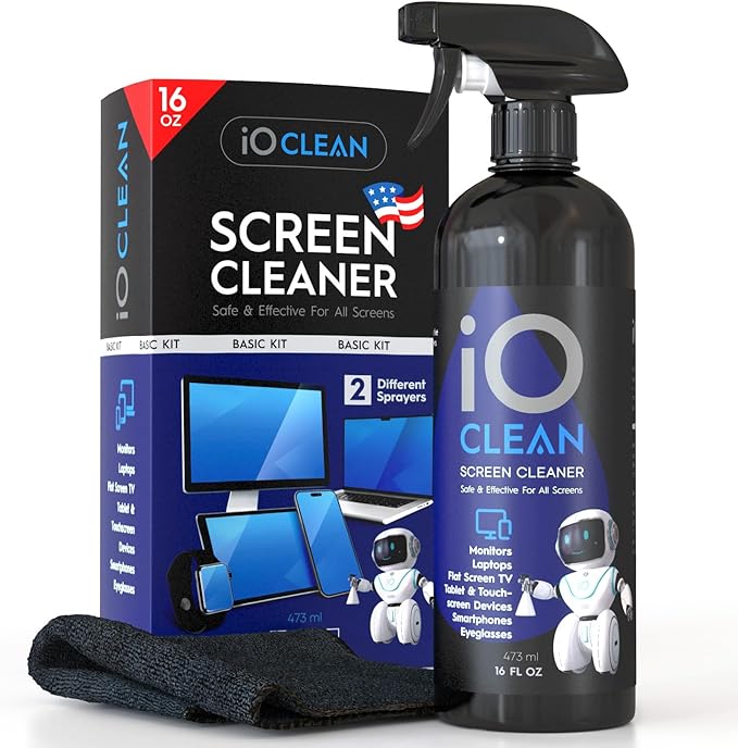 Screen Cleaner Spray (16oz - 473ml) – Best Large Cleaning Kit for LCD LED OLED TV, Smartphone, iPad, Laptop, Touchscreen, Computer Monitor, Electronic Devices, Microfiber Cloth Wipes and 2 Nozzles-DeskLoop Office