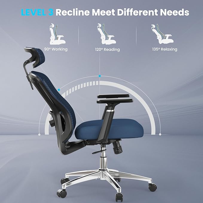 Farini Office Chair Ergonomic Desk Chair, High Back Computer Chair with Wheels, Home Sutdy Chair for Heavy People, Office Chair Adjustable Seat Depth, 3D Armrests and Adjustable Headrest, Blue-DeskLoop Office