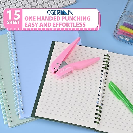 Single Hole Punch, with 30 Pcs Loose Leaf Binder Rings, 1/4" Hole Punches, 50% Labor Savings, Paper Hole Puncher, 15 Sheet Capacity, for Paper Cards Plastic Cardboard, Lightweight, Pink-DeskLoop Office