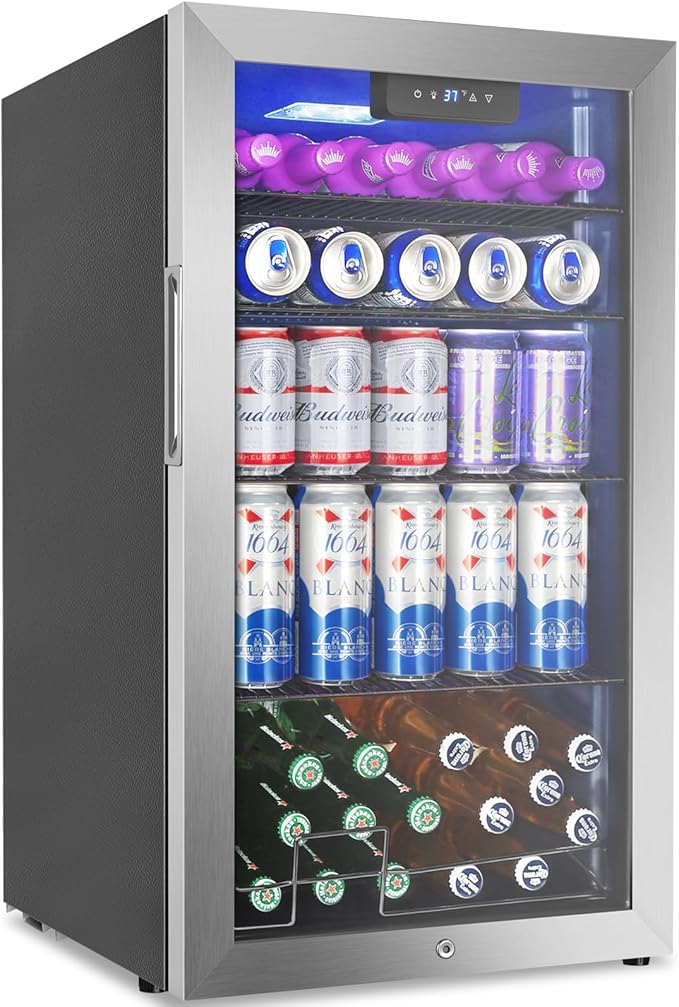 Beverage Refrigerator Cooler, 128 Cans Mini Fridge Glass Door for Drink Beer Soda Wine, 3.2 Cu.Ft Small Fridge for Kitchen Bedroom Office Bar, with 4 Adjustable Removable Shelves, Stainless Steel-DeskLoop Office
