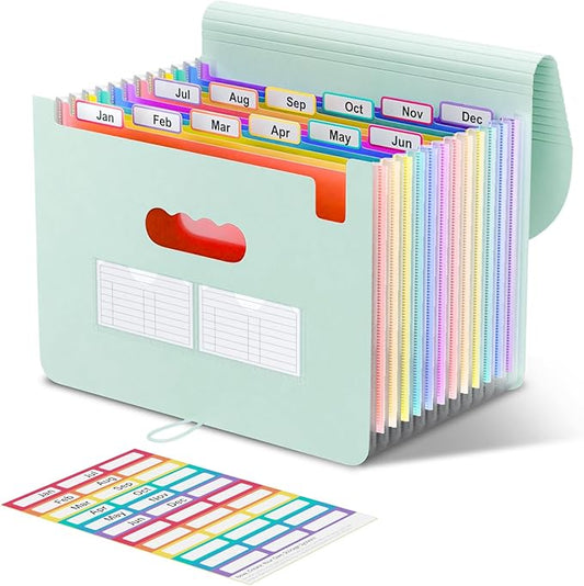 ThinkTex Accordion File Organizer, 12 - Pocket Expanding File Folders for Paper Receipts, Bills&Taxes Organizer, Letter/A4 Size Document Holder for School, Office, Home with tabs-Sage Green-DeskLoop Office