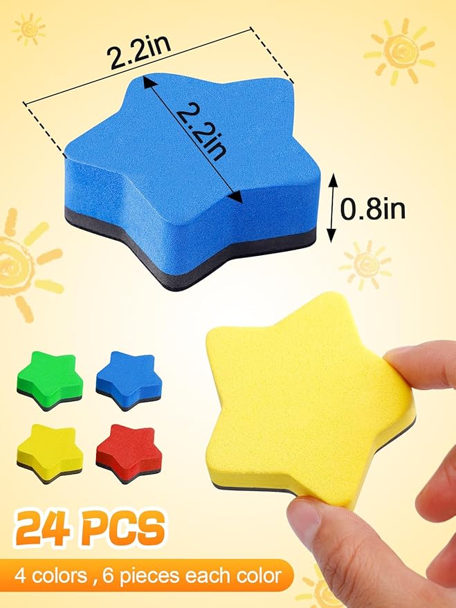 24 pcs Strong Magnetic Whiteboard Eraser - Mini Dry Erase Erasers, Small Chalkboard Cleansers Wiper for Kids and Teachers Classroom Must Haves School Supply Home and Office, Star Shaped-DeskLoop Office