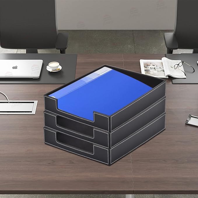 Leather 1-Layer Letter Tray Stackable File Document Tray,A4 Paper Case Rack Desk Office Supplies Organizer Holders,Desktop Organization, Pen Mail Magazine Storage Box(Black)-DeskLoop Office