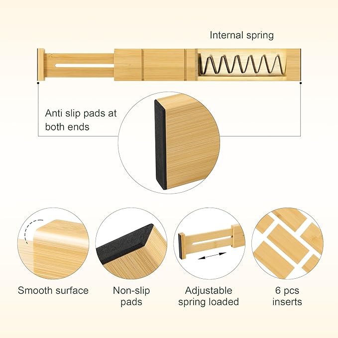 Utoplike 4 PCS Bamboo Kitchen Drawer Dividers with Inserts(Fits 15"-17.7" Drawer Inner Size), Adjustable Drawer Organizers for Socks, Spring Loaded, for Bedroom, Dresser, Bathroom-DeskLoop Office