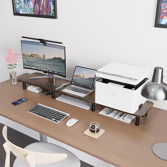 Dual Monitor Stand - 43.7 inch Extra Long Wide TV Stand - Wood & Steel Leg Desktop Riser - Desk Organization - Home Office (Vintage)-DeskLoop Office