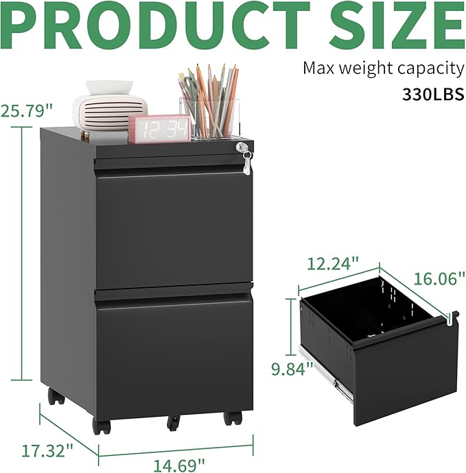 2 Drawer Mobile File Cabinet, Filing Cabinet Home Office for Letter, Legal Size, Fully Assembled Under Desk File Cabinet, Blac-DeskLoop Office