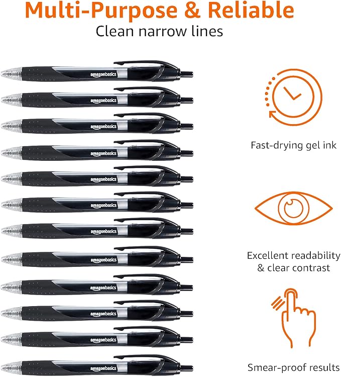 Amazon Basics Retractable Gel Ink Pens, Fine Point, Smooth Writing, Black, 12-Pack-DeskLoop Office